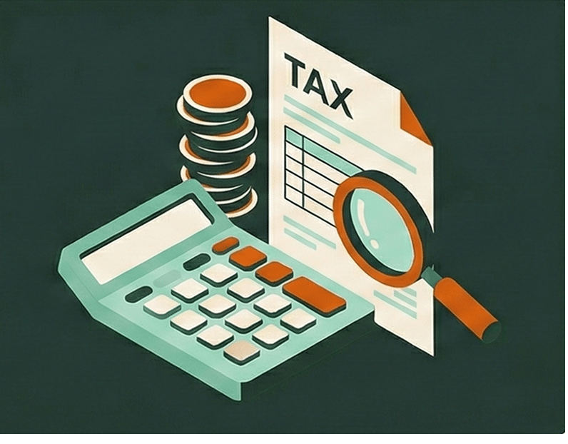 Calculator, tax form, coins, magnifying glass